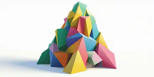 Colorful geometric arrangement of pyramids in vibrant colors like green, blue, yellow, pink, and orange, against a white background