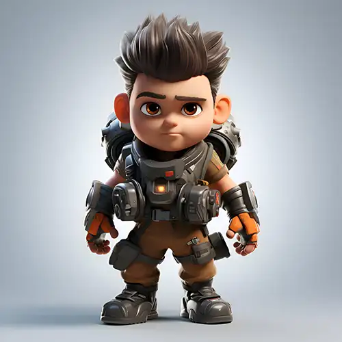 Young boy with short, spiky dark hair and a serious expression, wearing a brown jumpsuit with gadgets, straps, and orange gloves, featuring a futuristic backpack with mechanical elements, set against a simple gradient background, designed by Evovise for immersive digital experiences