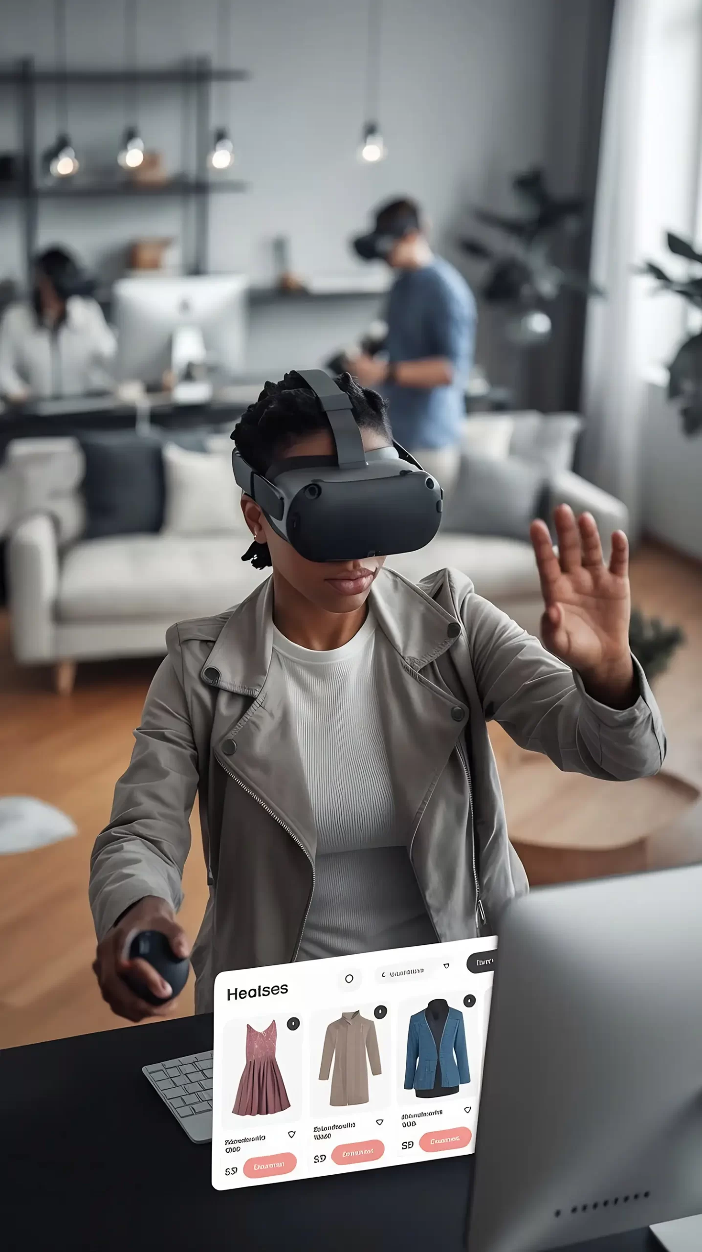 Black woman in her 30s wearing a virtual reality headset, with short braided hair, interacting with a virtual environment, dressed in a light-colored jacket, using a controller in her right hand while raising her left hand, set in a modern office space with a sofa and desk, where another person is visible in the distance, designed by Evovise for immersive digital experiences