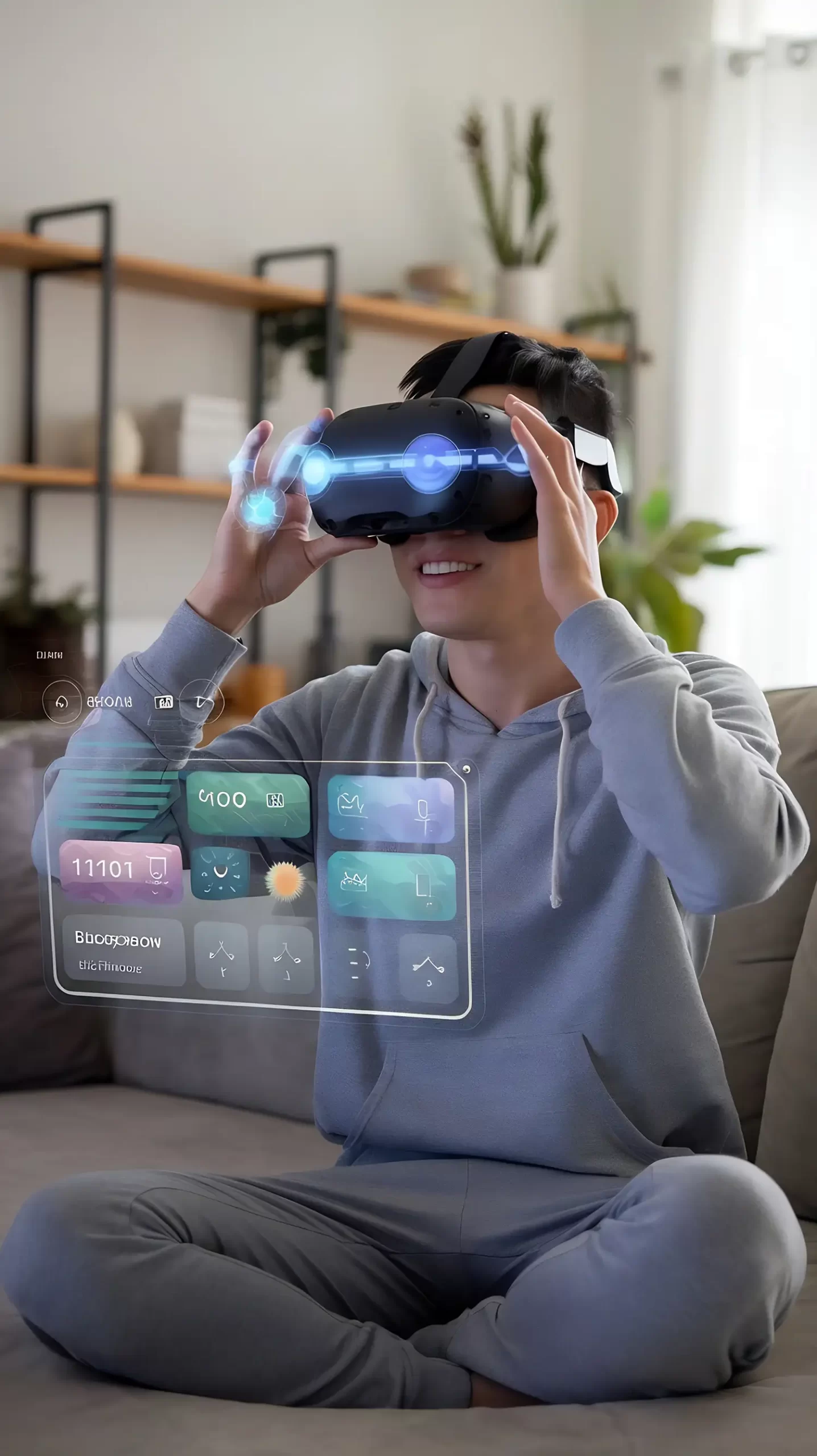 Young Asian male, around 25 years old, wearing a gray hoodie and engaged in virtual reality using a headset, smiling and focused, with holographic interface elements displaying controls and information in front of him, set in a cozy living room background with plants and shelves, designed by Evovise for immersive digital experiences