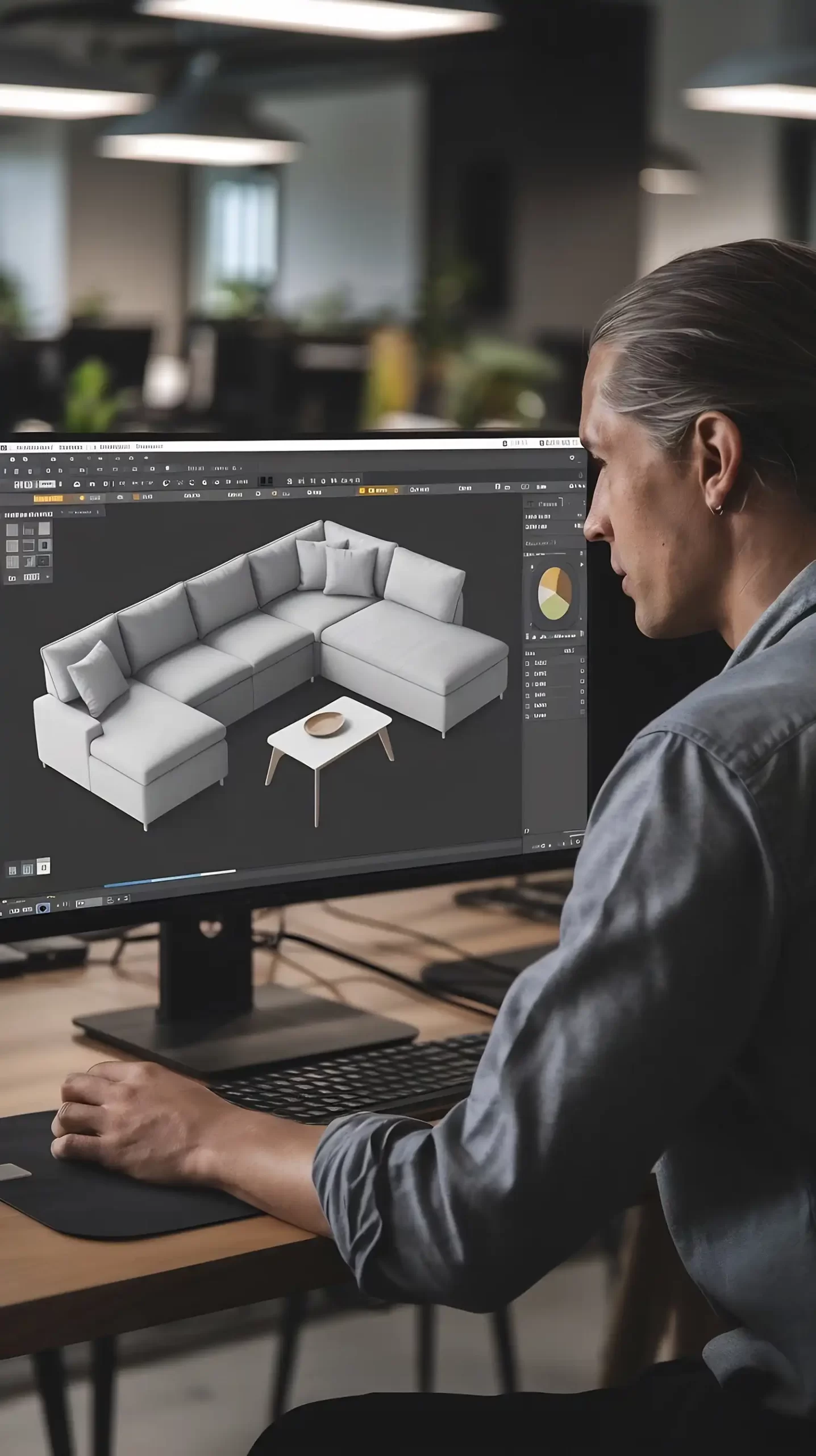 Man designing a 3D model of a couch behind a monitor, showcasing Evovise's 3D design and rendering services