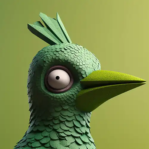 3D model of a green bird's head, designed by Evovise for creative digital and immersive experiences