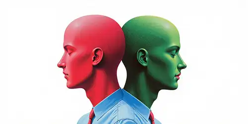 Two stylized mannequin heads, one red and one green, positioned back to back with smooth, realistic textures, wearing a blue shirt, the red head with a red tie and the green head with a green tie, set against a plain and minimalistic background, designed by Evovise for immersive digital experiences.
