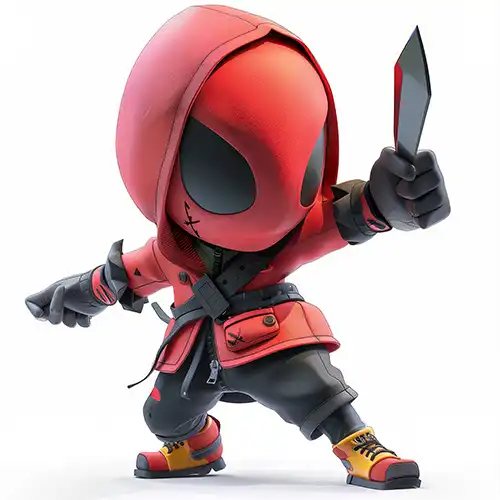 Cute 3D warrior character in a red suit and shirt, holding a knife, designed by Evovise for gaming and digital experiences