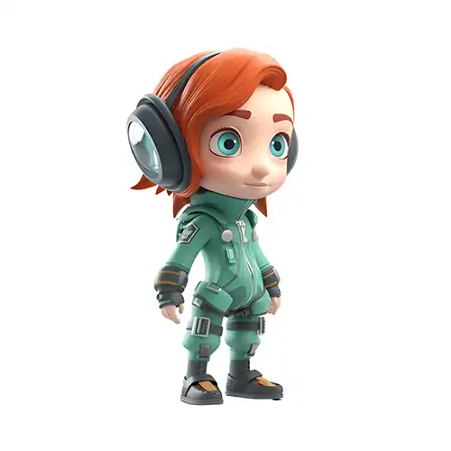 3D fantasy-style video game girl character with a big head, orange hair, green suit, green eyes, and oversized headphones, rendered by Evovise