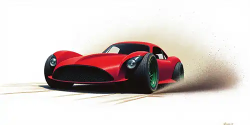 Sleek red sports car with an aerodynamic design, featuring large green tires and a distinctive front grille, depicted in motion kicking up dust to suggest speed and agility, set against a minimal background emphasizing the car's dynamic stance, designed by Evovise for immersive digital experiences