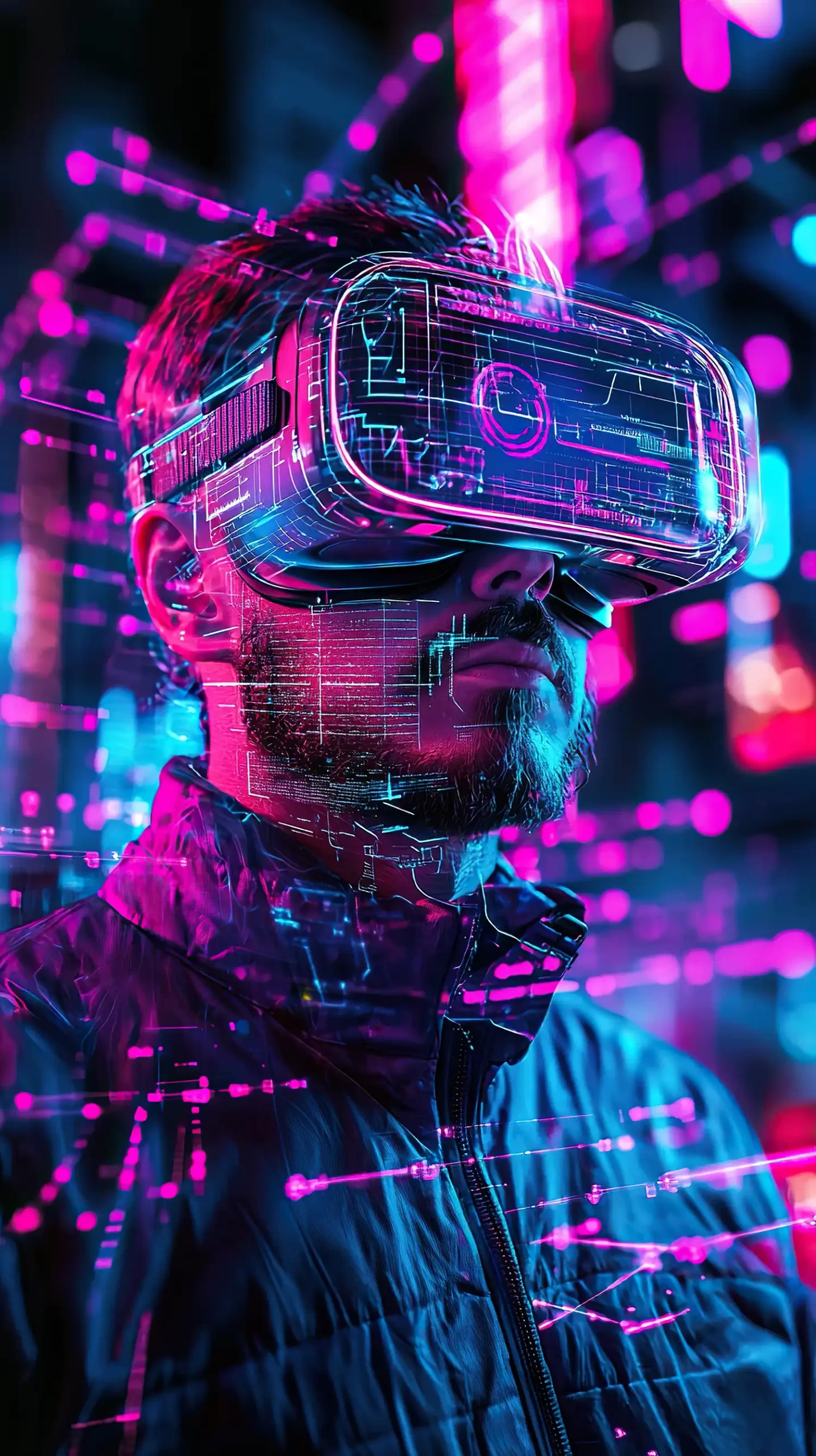 Cyberpunk-style man wearing VR/AR glasses, designed by Evovise for immersive digital and futuristic experiences