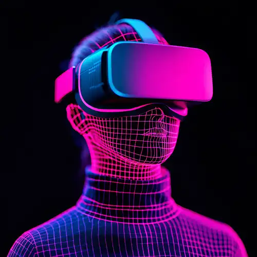 Contorting-style head design with purple AR/VR/MR/XR glasses, created by Evovise for immersive digital and mixed reality experiences