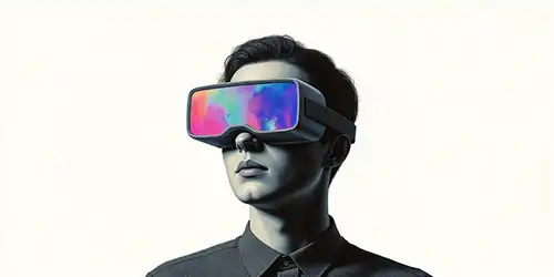 Young man with dark hair wearing colorful futuristic VR goggles, dressed in a black collared shirt, against a light-colored background