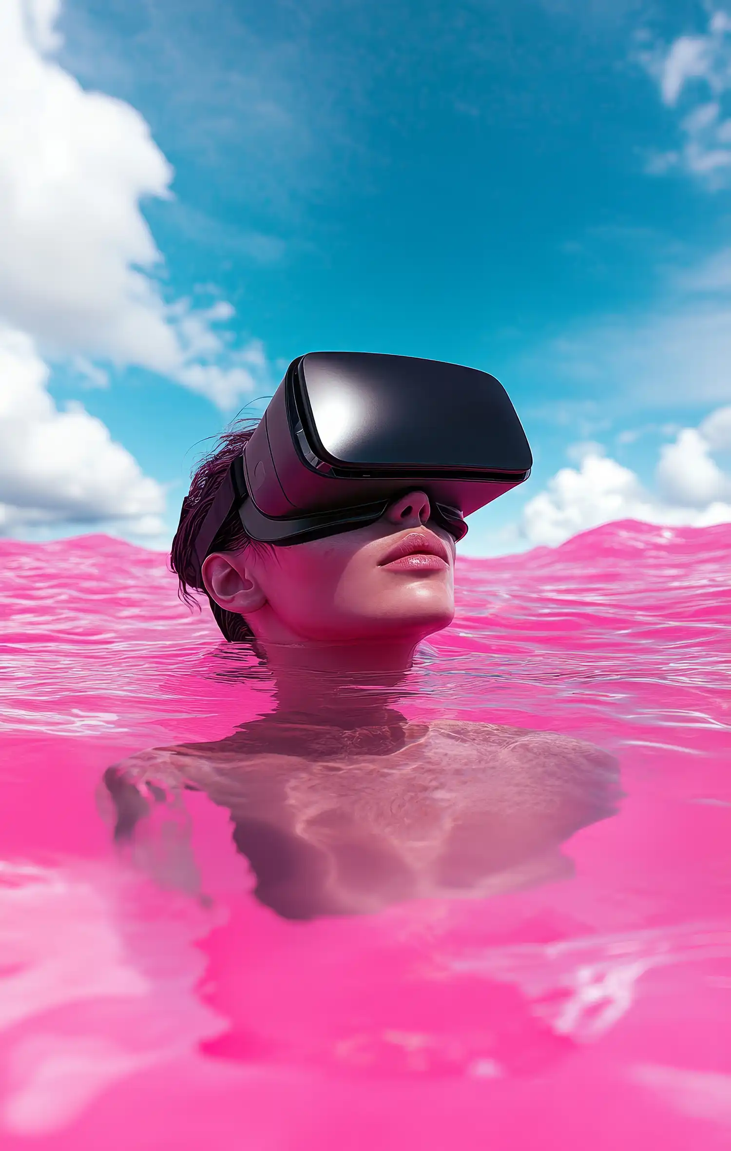 Young adult with light skin and short hair wearing a black VR headset, partially submerged in bright pink water, set against a clear blue sky with scattered white clouds, designed by Evovise for immersive digital experiences