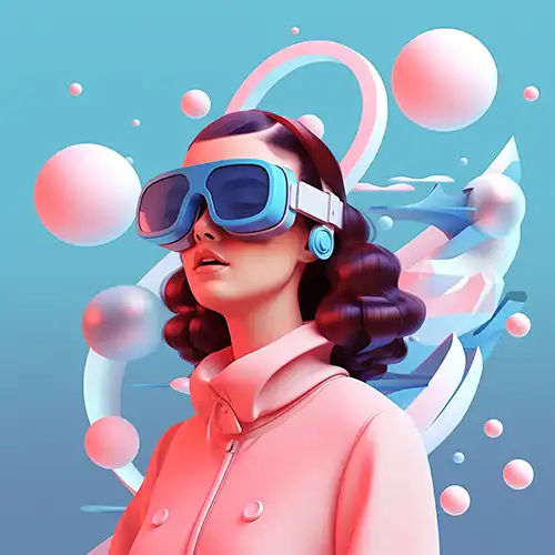 Young woman with medium skin tone and dark wavy hair wearing large blue virtual reality goggles, dressed in a light pink jacket, set against a background of abstract shapes and colorful spheres in shades of blue, pink, and white, creating a futuristic atmosphere, designed by Evovise for immersive digital experiences.