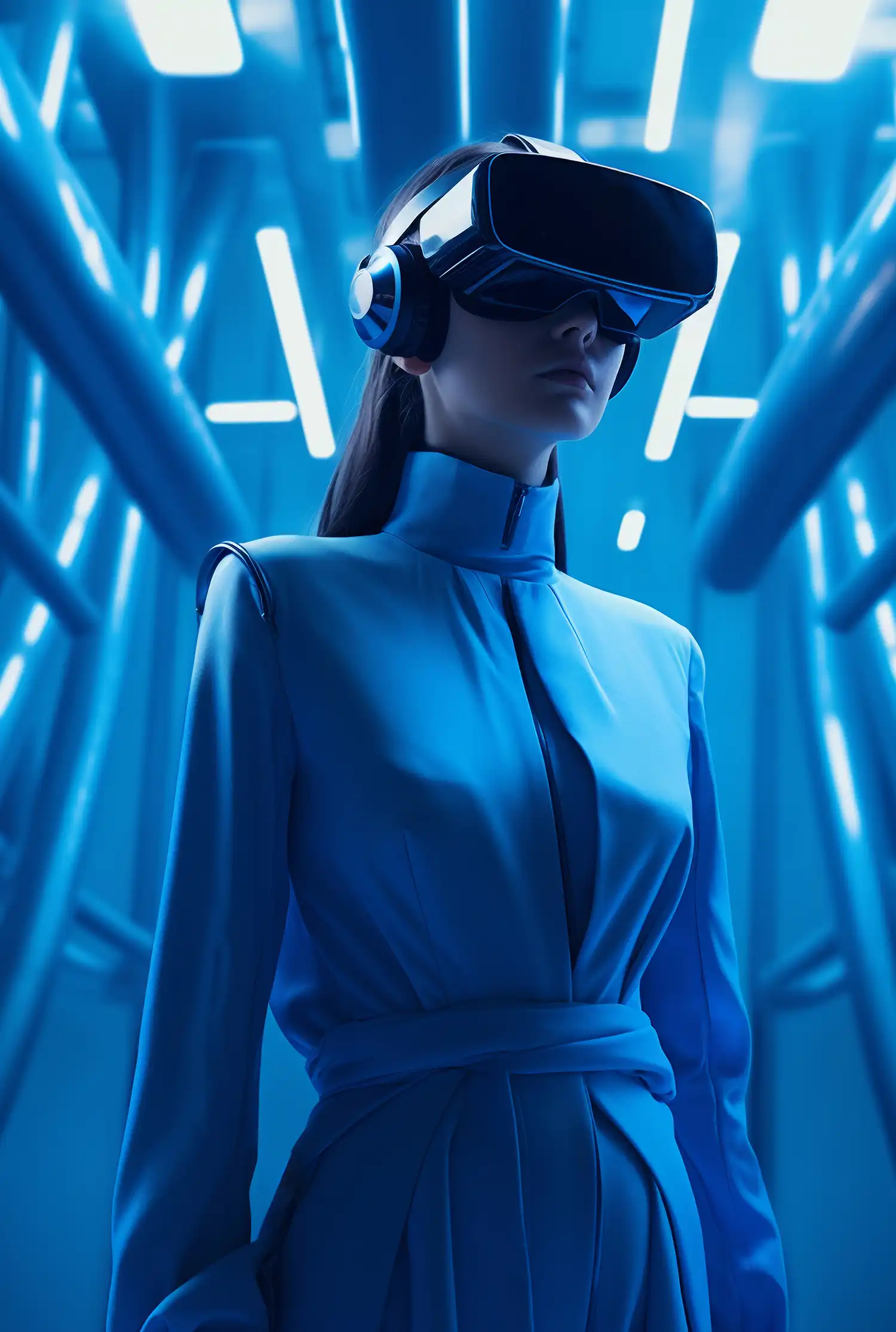 Young woman with fair skin and long dark hair, wearing a futuristic blue outfit and a VR headset, set against a background of glowing blue lights and sleek modern architecture, creating a high-tech atmosphere, designed by Evovise for immersive digital experiences