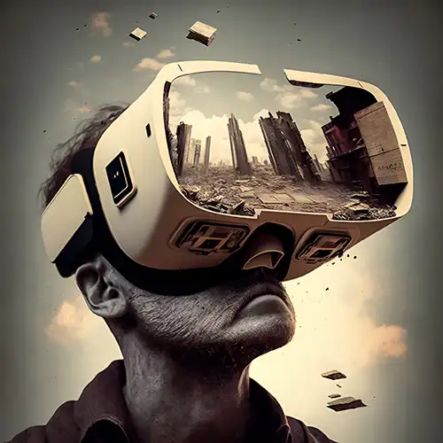 Light-skinned man with short dark hair wearing a futuristic VR headset displaying a dystopian cityscape with crumbling buildings and floating debris, set against a cloudy sky, designed by Evovise for immersive digital and gaming experiences