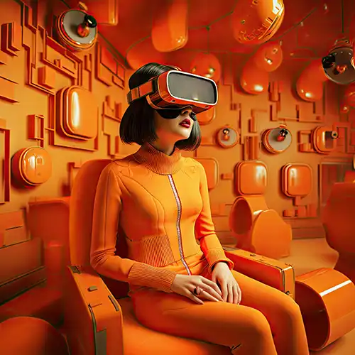 Illustration of a girl wearing a VR headset with an orange theme, designed by Evovise for immersive digital and gaming experiences