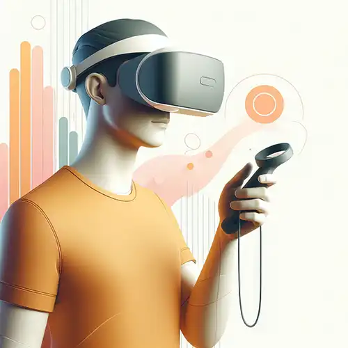 Simplified illustration of a man wearing VR glasses holding a movement sensor, designed by Evovise for immersive digital and gaming experiences