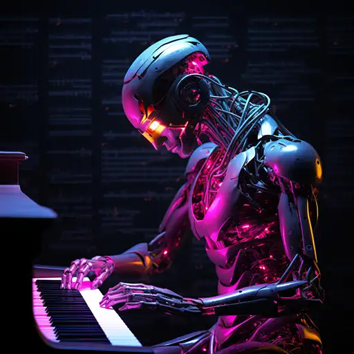 Humanoid robot with a sleek metallic body and glowing purple accents playing a piano, featuring a smooth futuristic head and visible circuitry, set against a dark background with hints of musical notes, enhancing the technological theme, designed by Evovise for immersive digital experiences