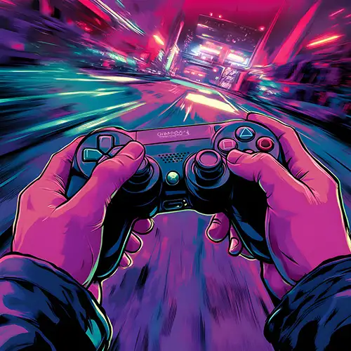 Hands holding a video game controller with a vibrant neon-colored background featuring streaks of pink, blue, and purple light, suggesting a fast-paced and exciting gaming environment, designed by Evovise for immersive digital experiences